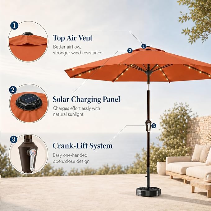 10FT Solar Patio Umbrella with Lights, Outdoor Table Market Umbrella with 32 LED Lights, 8 Sturdy Ribs, Push Button Tilt and Crank for Pool, Deck and Garden, UV-Resistant