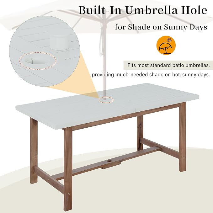 5 Pieces Outdoor Acacia Wood Dining Table Set for 4 with 59" Rectangular Table with Umbrella Hole and 4 Chairs, Modern Patio Dinner Set for Backyard, Garden, Poolside or Indoor, White Natural