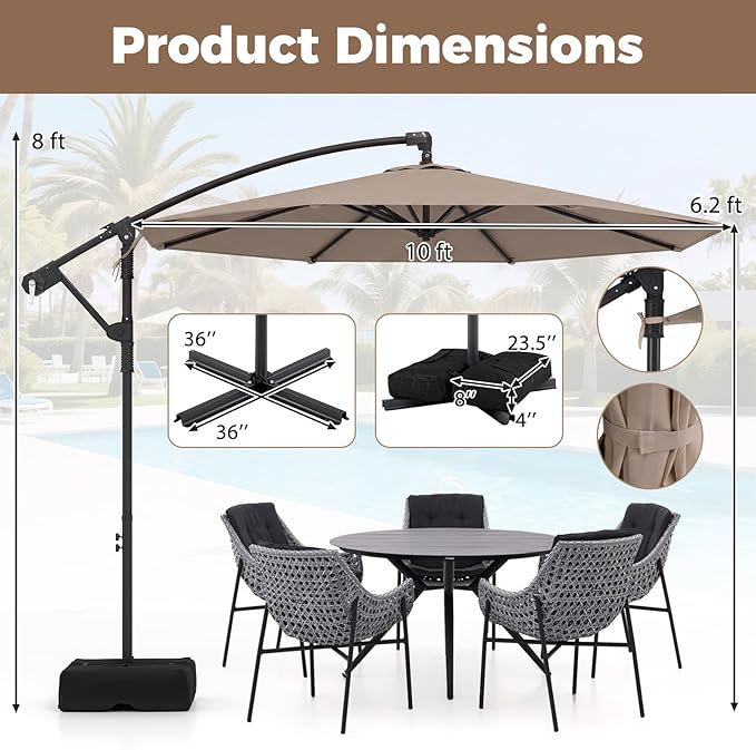 Tangkula 10ft Patio Umbrella with Base Included, Offset Cantilever Outdoor Umbrella with 360 Degree Rotation, 2 Sandbags, Crank Handle for Pool Deck Garden Backyard