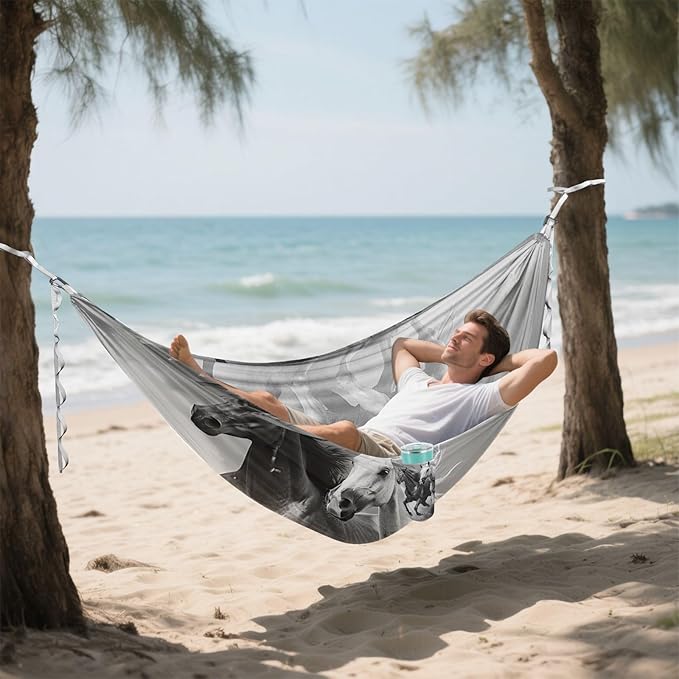 FRMG Horses Camping Hammock 500 lbs Capacity Portable Hammocks with Tree Straps & Attached Carry Bag, Camping Essentials Gear A0900250a