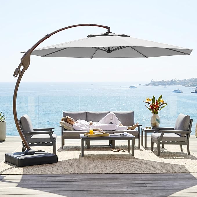 Cantilever Umbrella with Heavy-Duty Base, Outdoor Large Round Aluminum Offset Umbrella for Patio Garden Backyard, UV-Resistant Waterproof Canopy, 360° Rotation & Tilt Adjustment
