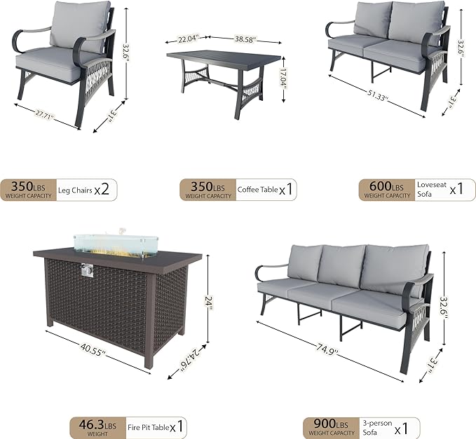 6 Pieces Patio Furniture Set, Metal Outdoor Conversation Sets with Fire Pit Table for Backyard Garden Deck Porch Poolside (Thick Gray Cushions)