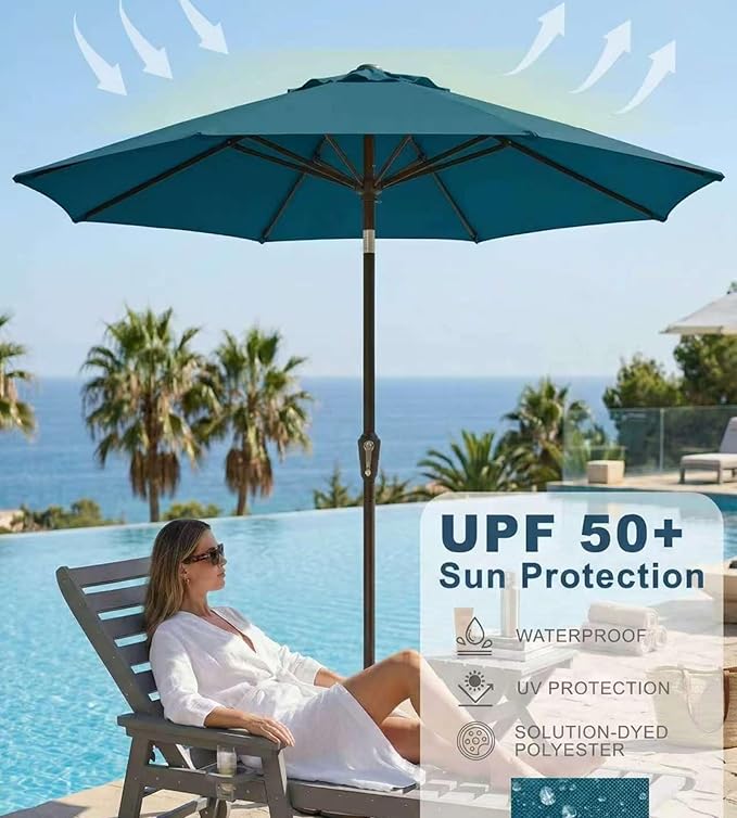 PatioKingdom Auto-Tilt 9FT Patio Umbrella Outdoor with 8 Sturdy Fiberglass Ribs,Market Table Umbrella for Pool,Backyard,Deck and Garden