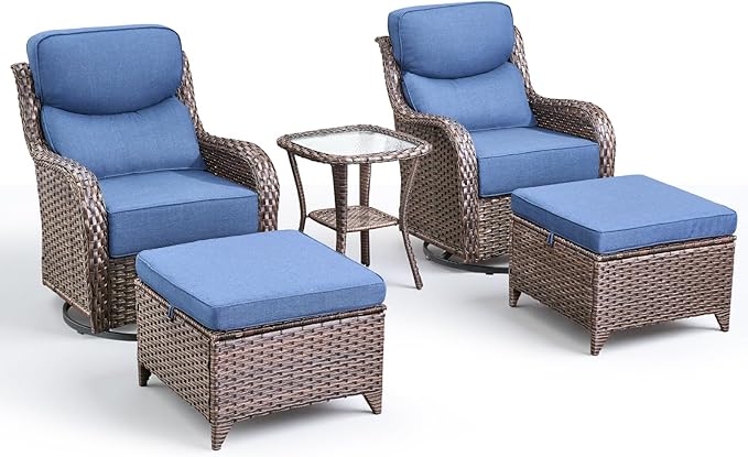 Luxury 5 Pieces Patio Furniture Set-Outdoor Swivel Rocker Patio Chairs with 6" Thick Cushions, Swivel Rocker Chairs with Ottomans & Side Table, Outdoor Conversation Sets for Porch Deck(Brown/Blue)