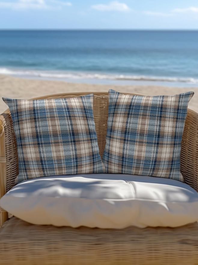 Waterproof Outdoor Pillow Set of 2 Beige Checked Plaid Decorative Throw Pillows Cover & Insert 16x16 Inch Pillowcase Stripes Woven Grid Square Pillows for Couch Sofa Bed Patio Furniture Indoor Outdoor