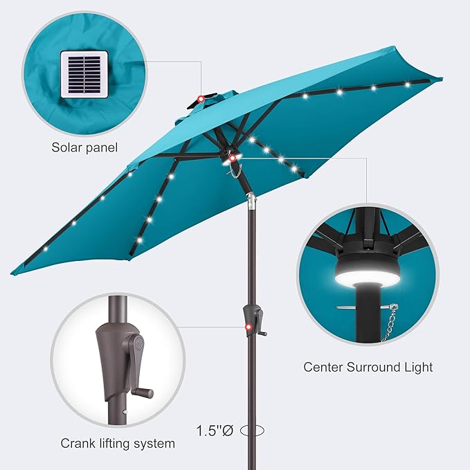 7.5ft Solar Umbrella Outdoor - Lighted Solar Patio Umbrella with 24 LED Lights Waterproof UV Protection, Table Umbrella with Tilt for Pool, Porch, Garden, Deck, Backyard (Aqua Blue)