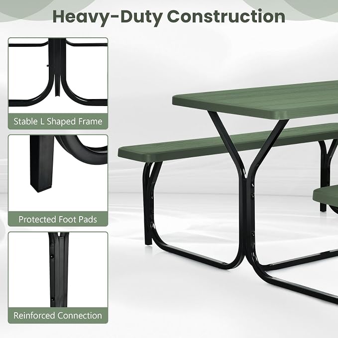 Picnic Table, Camping Portable Picnic Table Bench Set for 4 Persons, Heavy-Duty Steel Frame & Resin Tabletop, All Weather Outdoor Picnic Tables for Patio Travel BBQ Party Garden (Green)