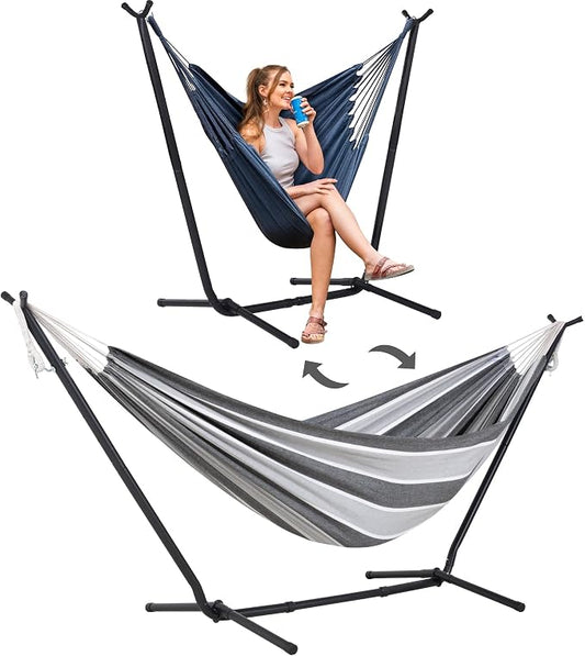 SUNCREAT 2-in-1 Convertible Backyard Fabric Hammock with Stand, Large Hammocks for Outside, Light Gray & Dark Gray