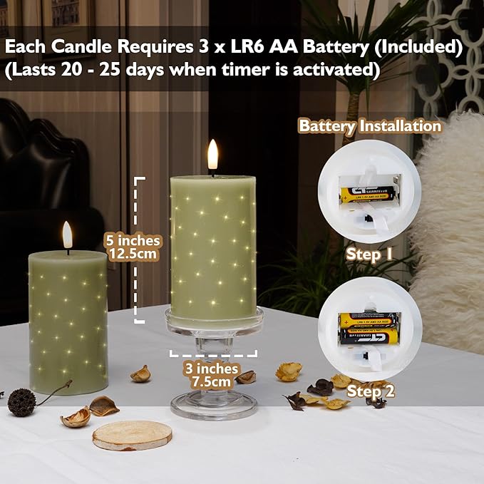 Rhytsing Sage Green Fiber Optic Real Wax Flameless Candles with Remote, Battery Operated Decorative Pillar Candles for Spring and Summer, Christmas Gift Set with Batteries, H 5 inches - Set of 2
