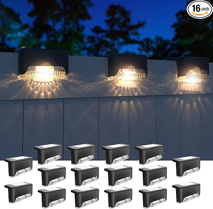 JACKYLED Solar Deck Lights,Outdoor Fence Light,16 Pack Solar Step Lights Waterproof LED Solar Powered Lighting for Outdoor Stairs, Fence, Deck,Patio Railing,Pathway,Driveway,Warm White,Black