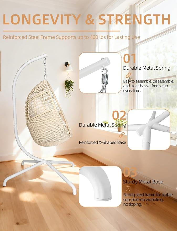 Hanging Egg Chair Swing Chair with Stand Wicker Rattan Chair for Indoor Outdoor Patio Bedroom Hammock Chair with Steel Frame and Cushion (Color: Beige)