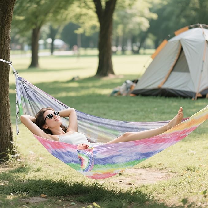 Qilmy Round Muliticolor Pattern Camping Hammock Single – 330 lbs Capacity, Lightweight with Tree Straps & Carabiners, Portable for Hiking, Travel, Backpacking