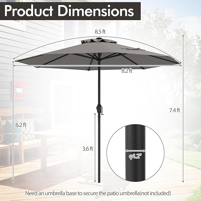 Tangkula 8.5 FT Outdoor Patio Umbrella, Modern Table Umbrella with 8 Heavy Duty Ribs, Vented Top & Crank Handle, Sun-proof Canopy, Market Umbrella for Patio, Garden, Poolside (Grey)