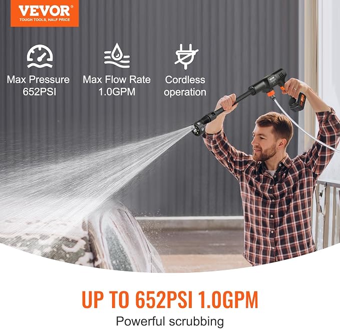 VEVOR Cordless Pressure Washer, 652PSI 1.0GPM BRUSHLESS Motor Rechargeable 4.0Ah Battery Powered, Handheld High-Pressure Car Washer Gun with Charger, 6-in-1 Nozzle for Home/Floor Cleaning & Watering