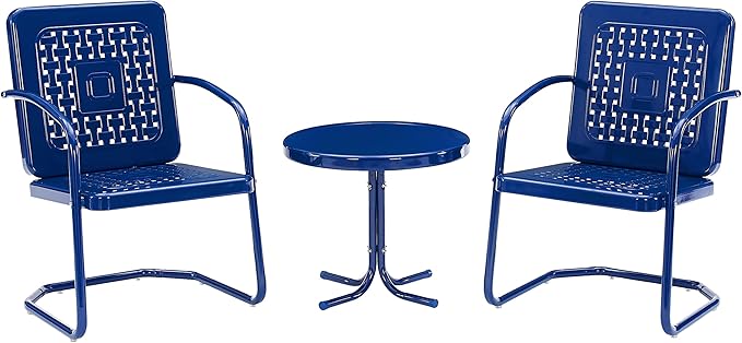 Crosley Furniture Bates 3-Piece Outdoor Chair and Side Table Set, Retro Metal Bistro Patio Conversation Sets, Navy Gloss