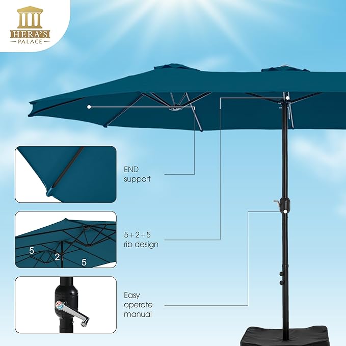 HERA'S PALACE Umbrella Patio Outdoor with Base 15ft Rectangle Table Double Market Umbrellas Clearance Large Included Stand for Deck Outside Pool Picnic Inground Yard Commercial (Cerulean)
