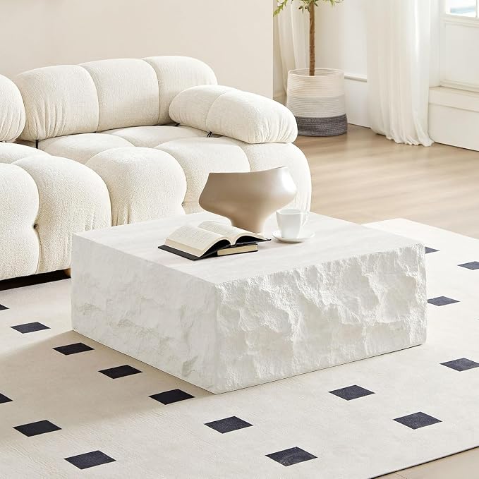 Square Coffee Table for Living Room Faux Stone Coffee Table, 35.4" Modern Low Center Tables for Apartment, No Need Assemble, Fiberglass (Travertine Concrete Pattern)