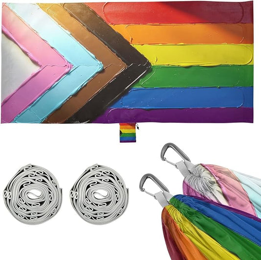 Progress Pride Flag Rainbow Flag Outdoor Hammocks with Portabl Carry Bag Backyard Hammock for Indoor Outdoor Patio