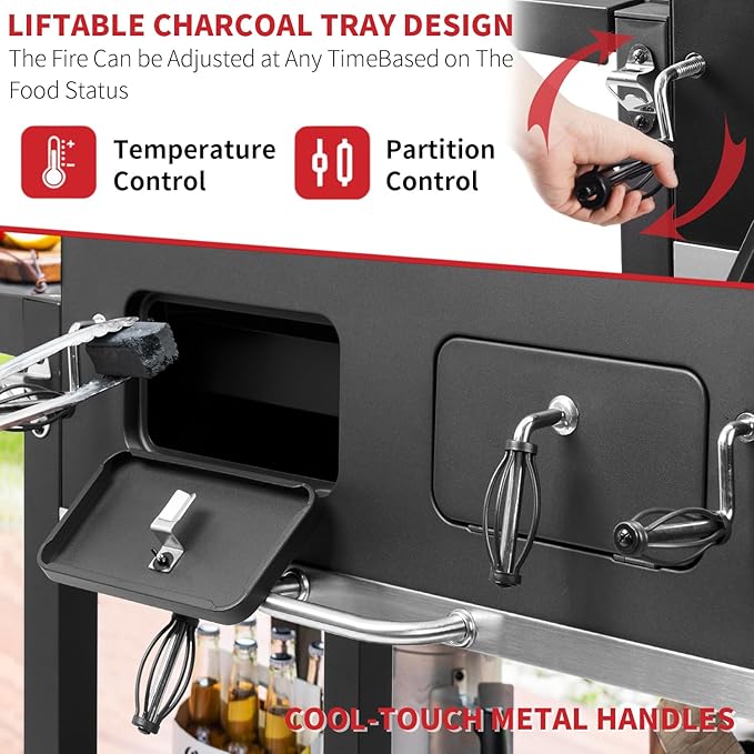 Kenadne Charcoal Grill Outdoor BBQ Grill, Extra Large Cooking Area 794 Square Inches with Two Individual & Adjustable Charcoal Tray, Foldable Side Tables for Outdoor Cooking grill Backyard
