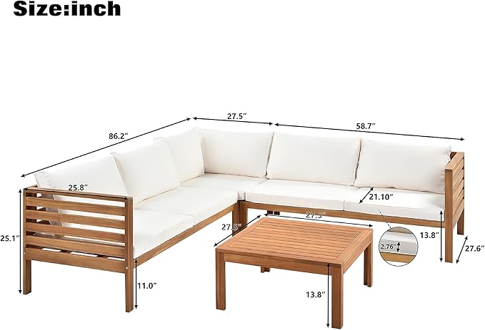 Patio Furniture 4 Pieces Conversation Sets, Acacia Wood Outdoor Sectional Furniture Conversation Sets with Cushions and Coffee Table for Garden Backyard Balcony and Porch (Beige)