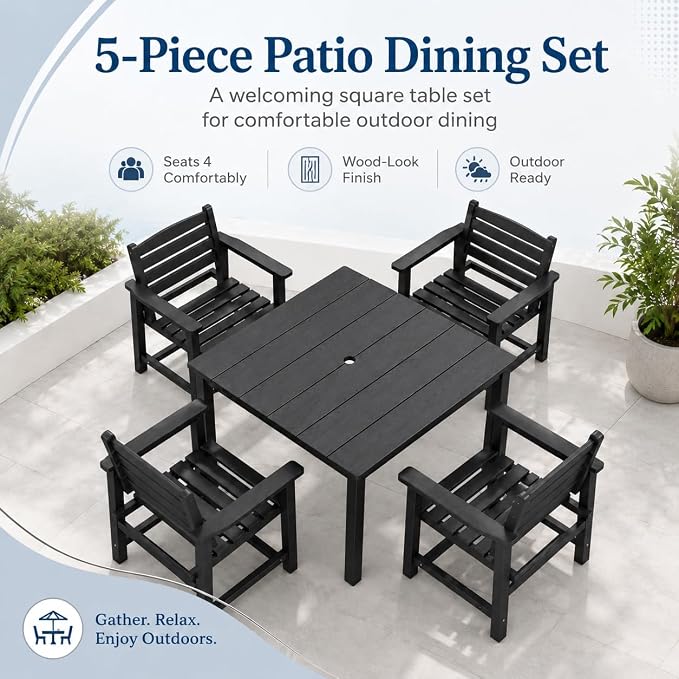 HDPE Outdoor Dining Set for 4, Square Table & Chairs Set | • All-Weather Polywood Composite • 410 lbs Heavy-Duty Support • Built-In 2" Umbrella Hole • Easy Soap-Water Wash