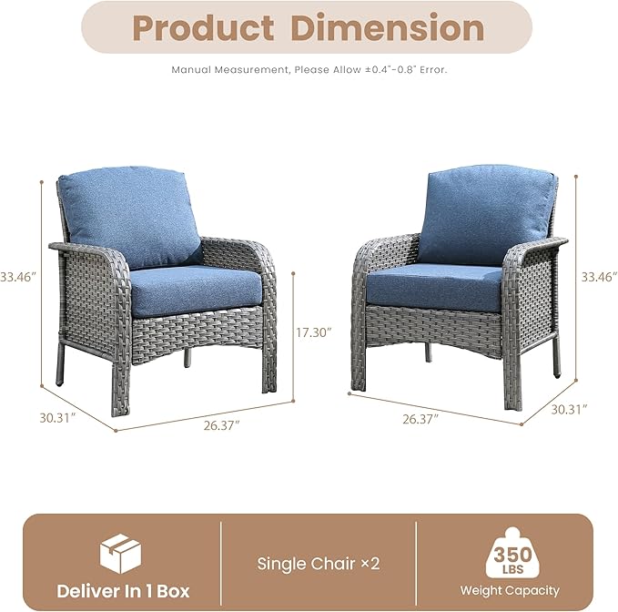 2 PCS Outdoor Patio Furniture Set with Thickened Cushions, All-Weather Rattan Wicker Outdoor Conversation Set for Porch,Backyard,Balcony,Blue