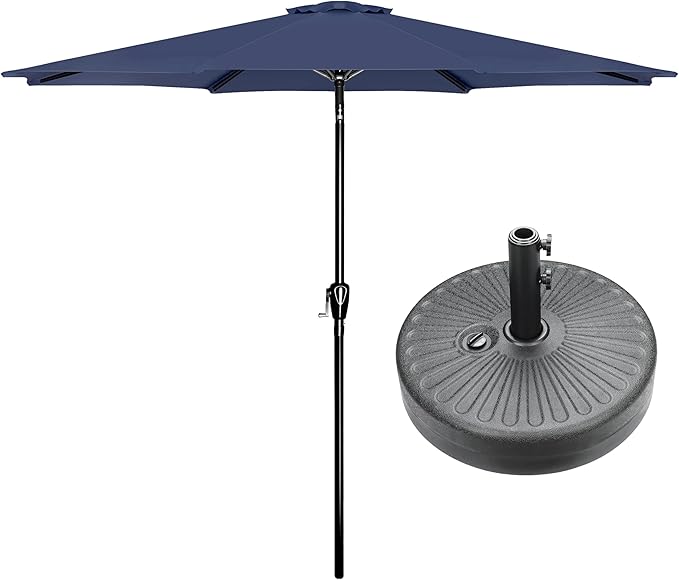 HealSmart 9' Patio Table Umbrella with Button Tilt, 8 Sturdy Ribs, 50lbs Base Stand Included, for Garden, Backyard, Deck, Pool, Dark Blue