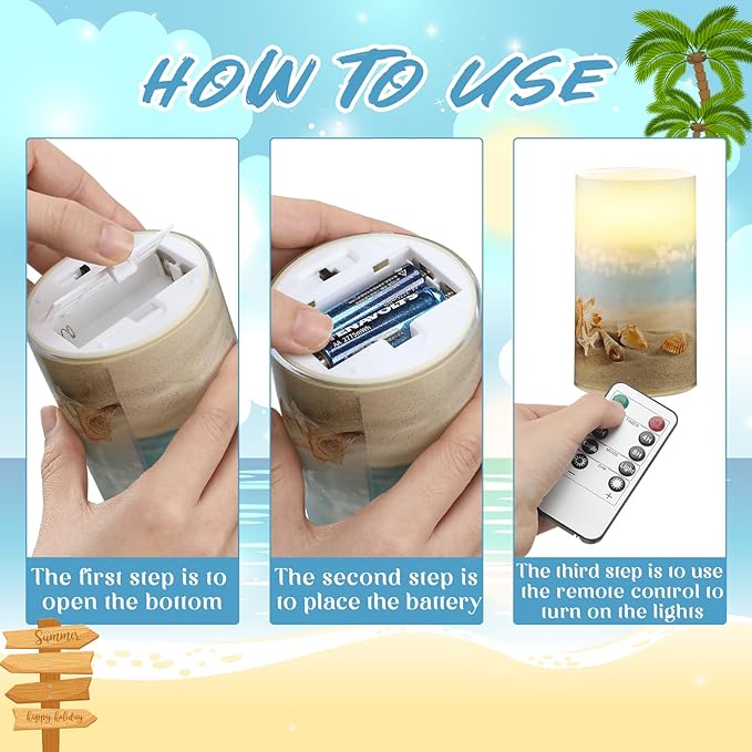 Tujoe 3 Pcs Summer Starfish Flameless Candles LED Battery Pillar Candles Set Battery Operated Flickering Candles Gifts with Remote Summer Decor for Holiday