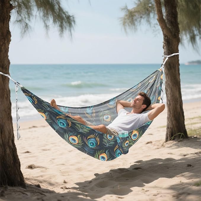 Camping Hammock Outdoor Hammocks for Outside Peacock Feather Dark Beach Trees Portable Lightweight with Pockets Tree Straps Indoor