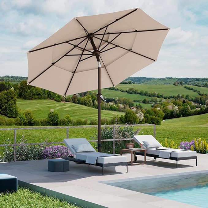 PatioKingdom 9ft 3-Tier Patio Market Umbrella with Crank/Tilt, Commercial Heavy Duty Wind Proof,Outdoor Table Umbrella with 8 Fiberglass Ribs,UPF50+ for Deck,Pool,Garden,Backyard (Beige)
