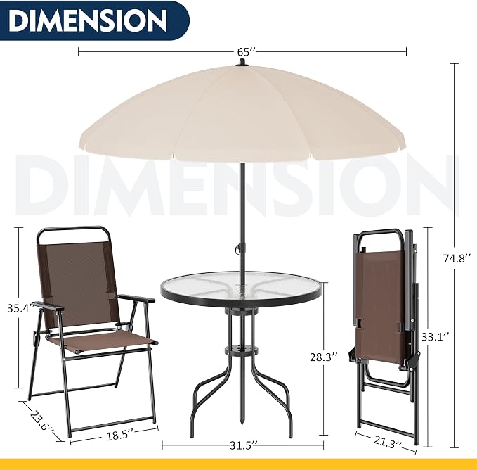 Shintenchi 6 Piece Patio Dining Set with Umbrella, Outdoor Furniture Set with 4 Folding Chairs and Tempered Glass Top Dining Table fot Lawn Backyard Garden Porch Brown and Beige