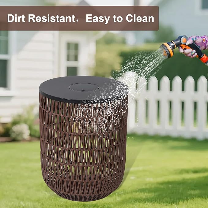 HMVPL Solar Outdoor Side Table Set of 2 with Dimmable Light, Round Patio Side Table for Outside, Outdoor End Accent Tables, Waterproof Plastic Rattan Patio End Table for Backyard Gazebo, Dusk to Dawn