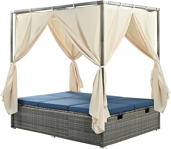 KEVINSPACE Outdoor Daybed with Curtain Canopy Bed Patio Furniture Adjustable Sunbed Set All-Weather Rattan Sun Lounger Patio Wicker Sofa Set Patio Conversation Set Curtains for Garden Yard Blue