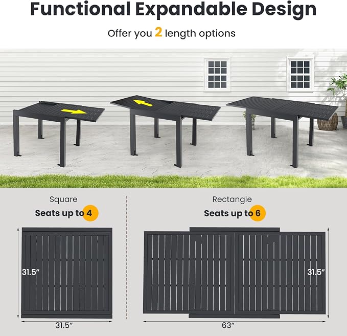 Tangkula 7 Pieces Outdoor Dining Set for 6 with Expandable Table, Patio Aluminum Rectangular Slatted Tabletop Table and Stackable Armchairs, for Deck, Garden, Backyard and Poolside