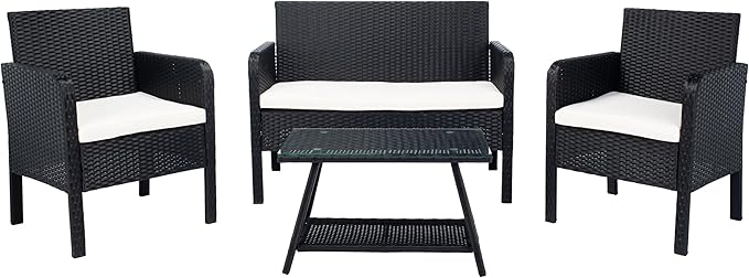 SAFAVIEH PAT7505A Collection Aboka Black and Beige 4-Piece Outdoor Living Patio Set