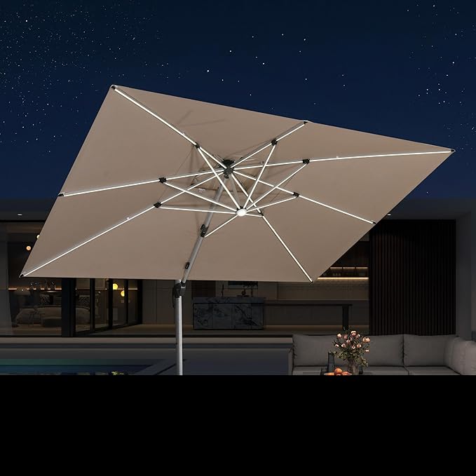 PURPLE LEAF 10' X 13' Solar Powered LED Patio Large Umbrella Offset Double Top Hanging Umbrella Outdoor Market Umbrella for Garden, Spectrum Sand