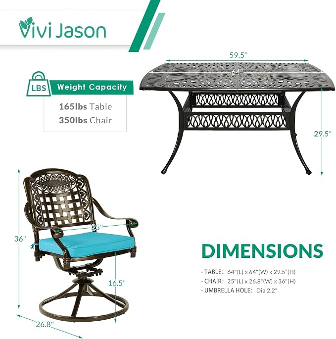 VIVIJASON 9-Piece Outdoor Dining Furniture Set, Cast Aluminum Patio Table & Chairs Set for 8, Include Large 64" Square Dining Table and 8 Swivel Rocker Chairs with Umbrella Hole, Ocean Blue