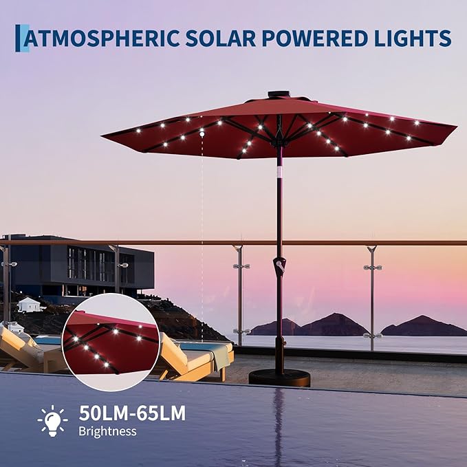Garvee 9FT Solar Patio Umbrella with 32 LED Lights - Outdoor Table Umbrella with Crank Lift, Push Button Tilt and 8 Sturdy Ribs - Market Umbrella UV Protection for Pool, Deck, Yard, Garden -Red