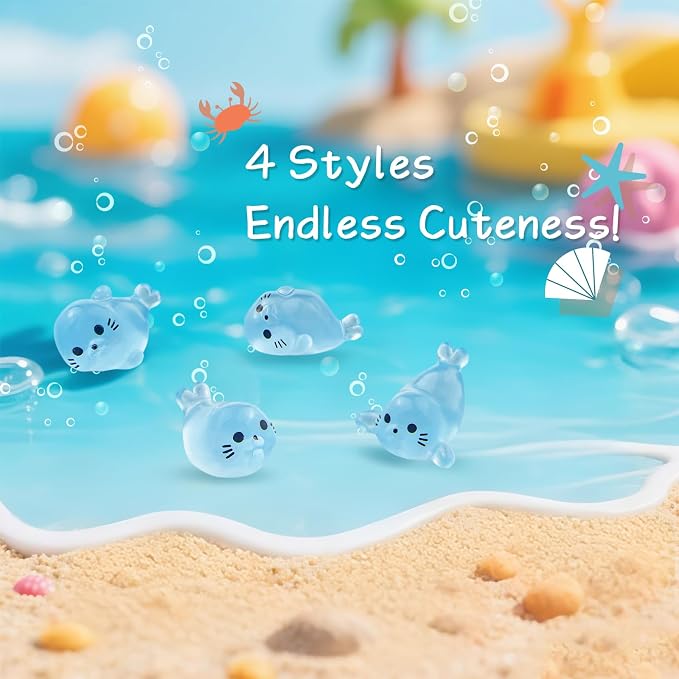 32Pcs Glow in Dark Mini Resin Seal Figurines - 4 Styles Luminous Sea Animals for Terrarium Decor, Fairy Garden, Aquarium, Small Resin Animals with Storage Box