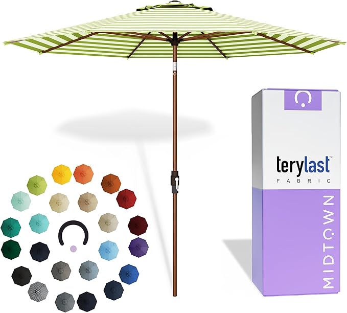 Midtown Umbrellas Wooden 2-9 Ft Patio Umbrella with 360° Swivel & Tilt Mechanism, 8 Fiberglass Ribs & Terylast Polyester Fabric for Deck, Pool, Garden & Porch - Pear Stripes Canopy, Wooden Pole
