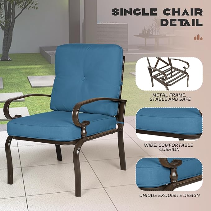 Incbruce 4Pcs Outdoor Metal Furniture Sets Wrought Iron Patio Furniture Conversation Set (Loveseat, Coffee Table, 2 Chairs) - Steel Frame Patio Seating Set with Peacock Blue Cushions