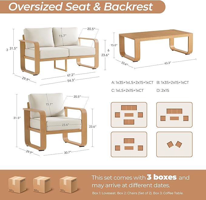 CHITA Aluminum Patio Furniture Sets, 4 Seats Patio Conversation Sets with Coffee Table, 4 Pieces Patio Sofa Sets with Thickened Olefin Fabric Cushion for Backyard, Garden, Balcony and Poolside