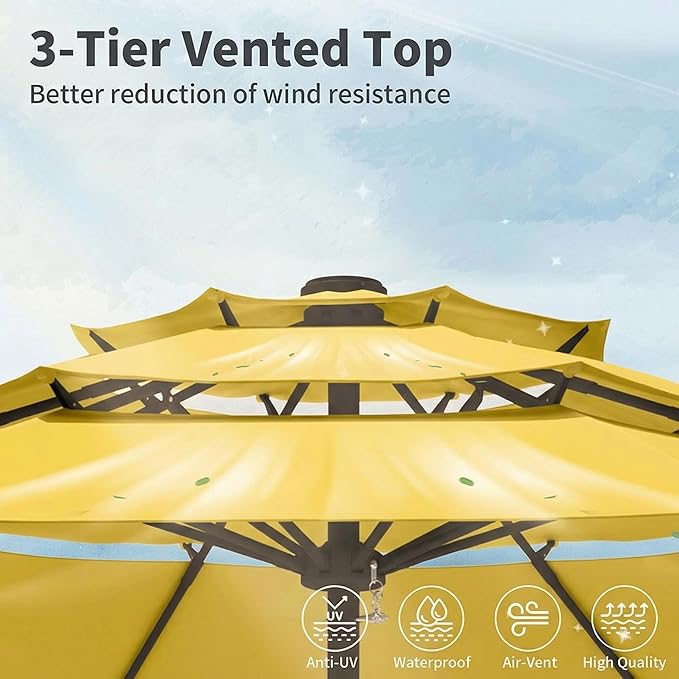 10FT Patio Umbrella 3 Tiers Outdoor Market Umbrella w/Push Button Tilt, Crank, UV and Waterproof Table Umbrella for Garden, Pool, Backyard, Deck, Lawn, Sunshine Yellow