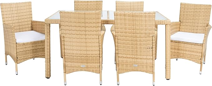 SAFAVIEH Outdoor Collection Jolin Natural/White Cushion Wicker Dining Set