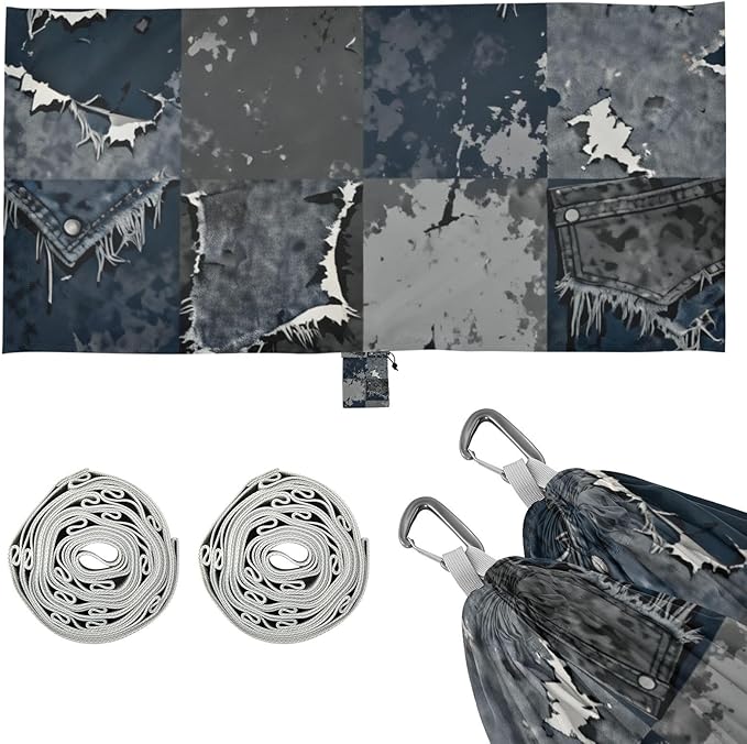Distressed Denim Patchwork Hammocks with Tree Straps Swing Hammock for Indoor Outdoor Patio