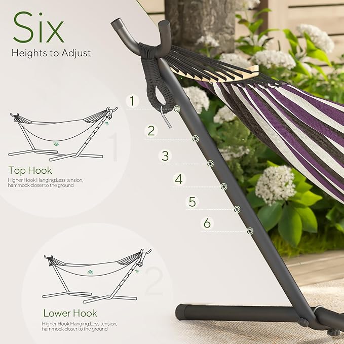 600lbs Hammock with Stand for Outside, 2 Person Portable Hammock with Side Storage, Carrying Bag, Expend Wooden Bar for Outdoor or Indoor (Purple Black)