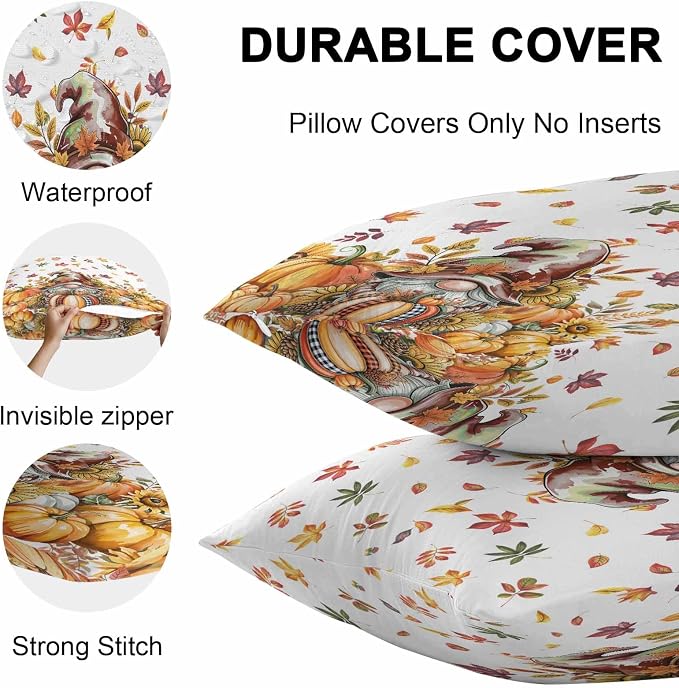 Fall Gnomes Outdoor Waterproof Pillow Covers, Thanksgiving Pumpkins Leaf Sunflowers Farm Decorative Square Throw Pillowcase Sofa Cushion Sham for Patio/Couch/Chair, 16"x16" 2 Pack