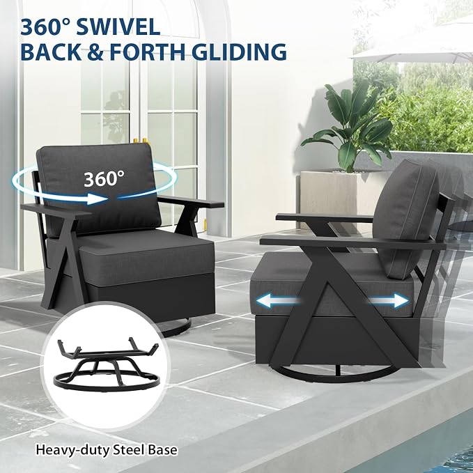 COOS BAY Iron Luxe 4 Piece Outdoor Patio Furniture Set, Modern Patio Conversation Set with 2 Swivel Rocking Chairs, a 3 Seat Couch & Coffee Table for Deck, Garden, Porch, Black/Gray