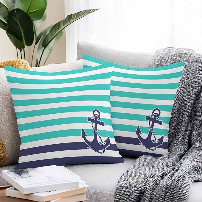 Throw Pillow Covers 26x26 Inch Set of 2, Anchor Turquoise Waterproof Outdoor Cushion Covers, Modern Navy Blue White Striped Nautical Decorative Pillowcases for Couch, Sofa, Bed, Garden, Patio