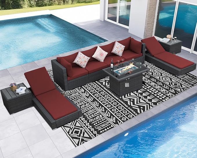 NICESOUL 9 Piece Outdoor Patio Furniture Set with Fire Pit, Modern Backyard Sectional with Chaise Lounge, Cozy 29.3'' High-Back Outside Seating Sofa, All-Weather Wicker Couch for Garden, Grey & Red